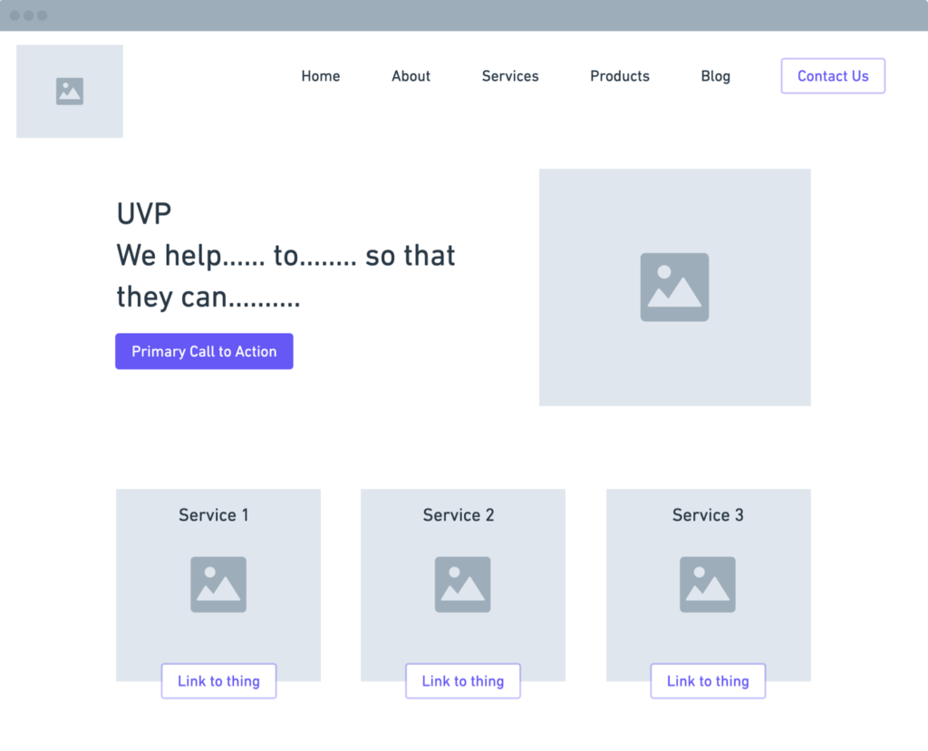 Website wireframe showing some standard design conventions.